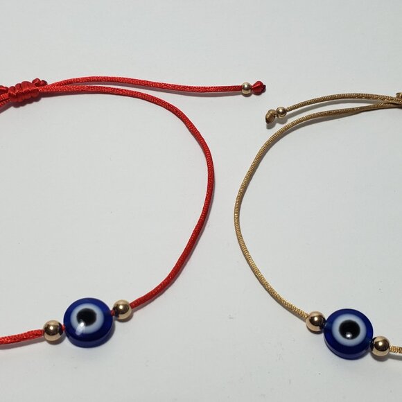 SET of 2 Bracelets 14K SOLID GOLD Beads Bracelet EVIL EYE Red String Kabbalah - Picture 2 of 4